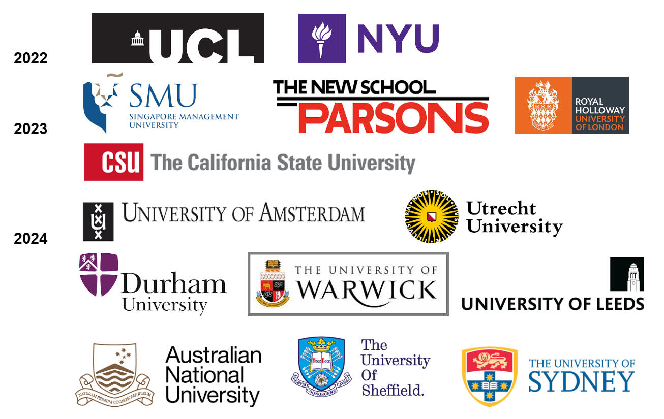 University logos representing institutions where British International Academy (Geoje) graduates have been accepted between 2022 and 2024, including UCL, NYU, Parsons, SMU, University of Amsterdam, Warwick, Sydney, and more.