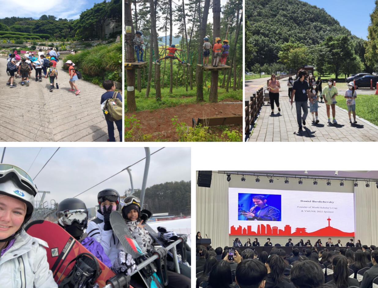 Students at British International Academy in Geoje participating in educational and co-curricular trips including field hikes, ropes courses, park walks, snowboarding excursions, and Model United Nations conferences.